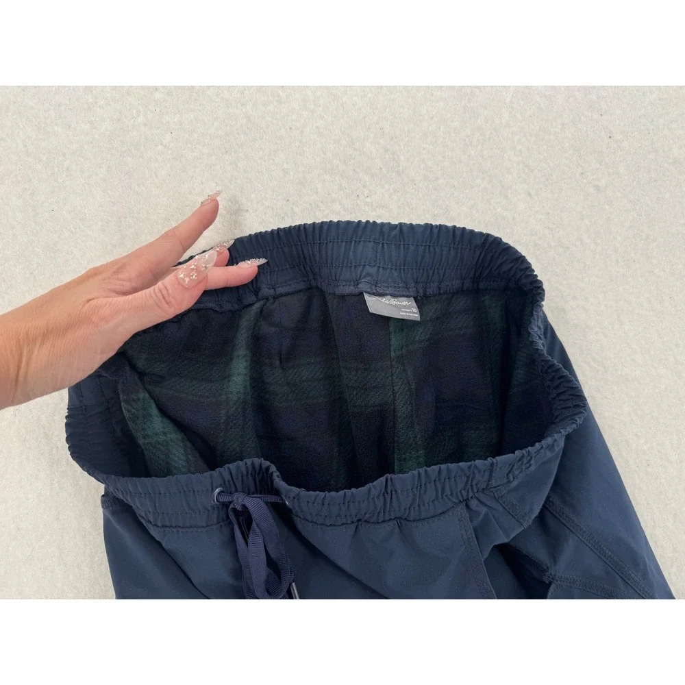 Eddie Bauer Fleece Lined Cargo Joggers Navy Blue Womens 10 Hiking Pants Plaid